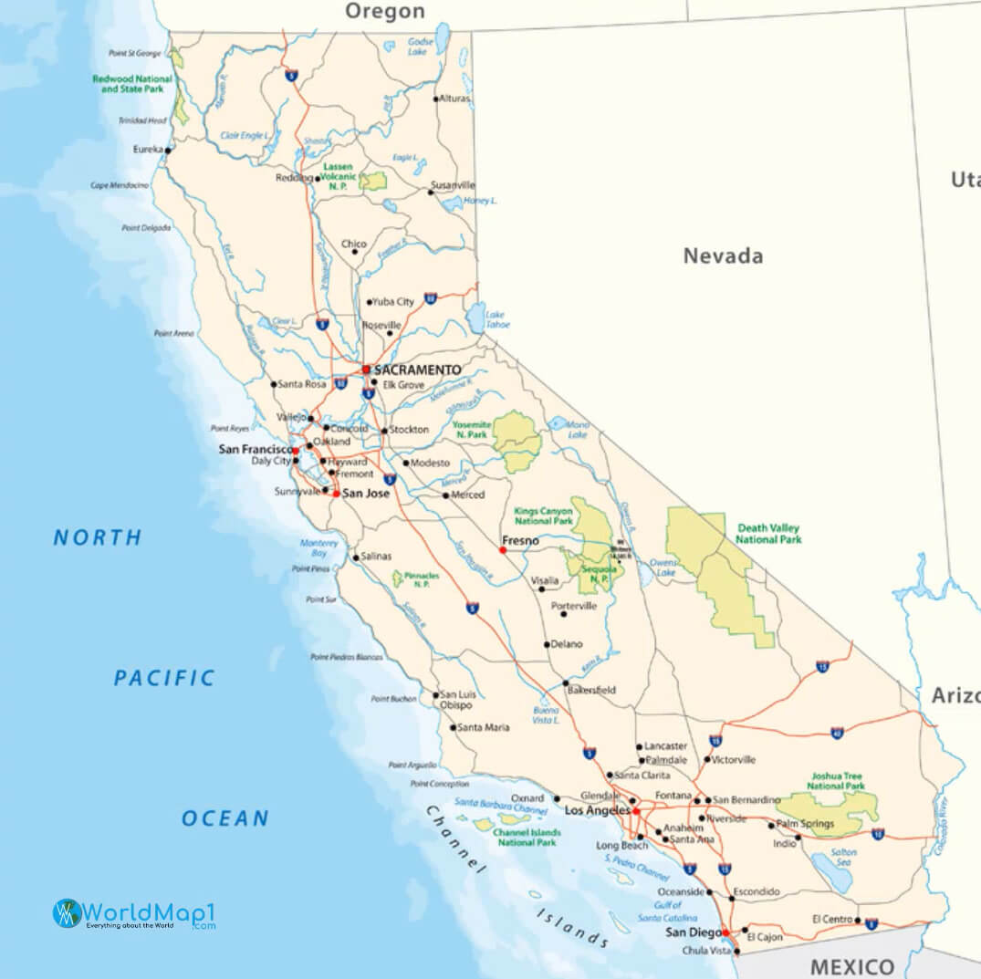 Carte des rivières de la Californie